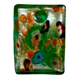 Fused glass waterdrop pattern  rectangle necklace 1 x1.5 green silver brown